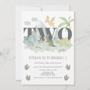 Watercolor Dinosaur Jungle 2nd Birthday Invitation