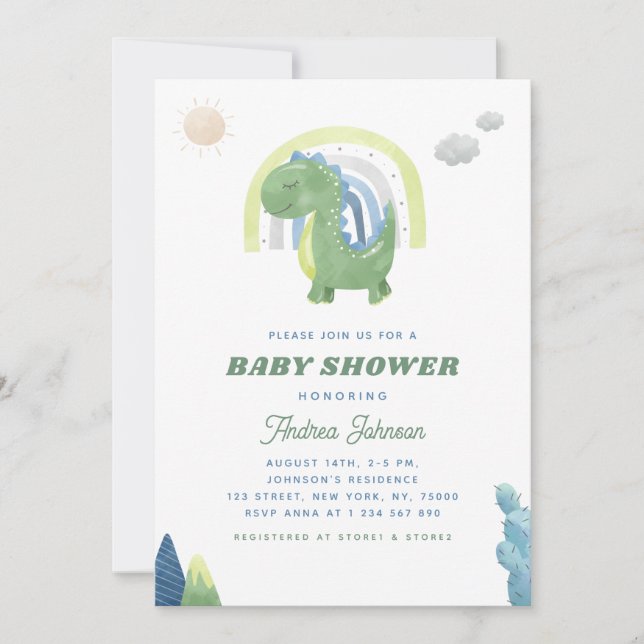 Watercolor Dinosaur & Rainbow Green Baby Shower Invitation (Front)