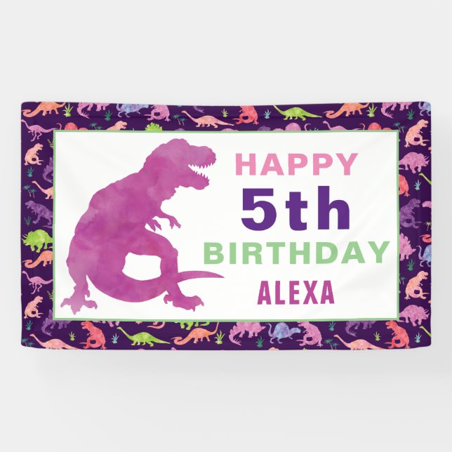 Watercolor Dinosaur T-Rex Birthday Party Girls Banner (Horizontal)