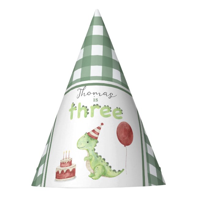 Watercolor Dinosaur Three Birthday Party Hat (Front)