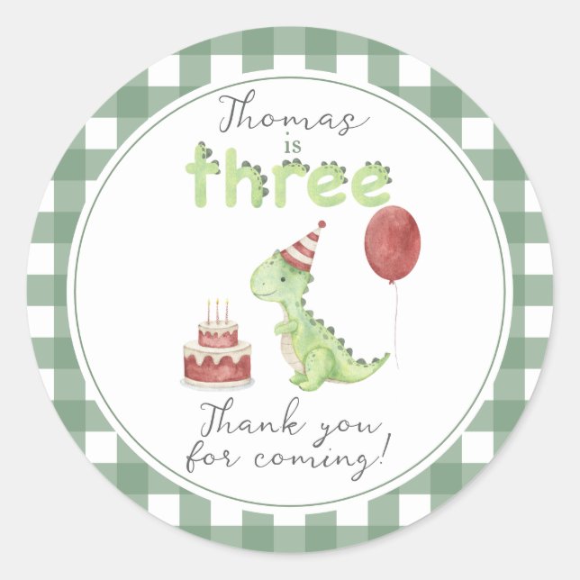 Watercolor Dinosaur Three Birthday Thank you Classic Round Sticker (Front)