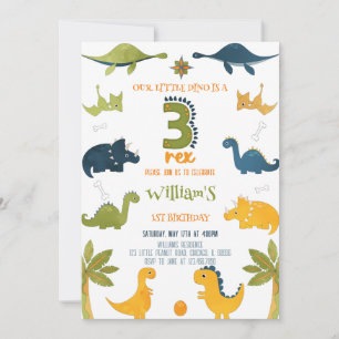 Watercolor Dinosaur Three Rex 3rd Birthday Invitation