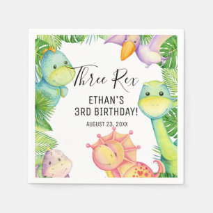 Watercolor Dinosaur Three Rex 3rd Birthday Napkin