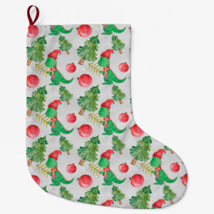 Watercolor Dinosaur With A Christmas Tree Large Christmas Stocking