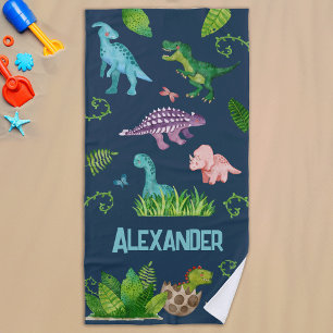Watercolor Dinosaur with Kids Name  Beach Towel