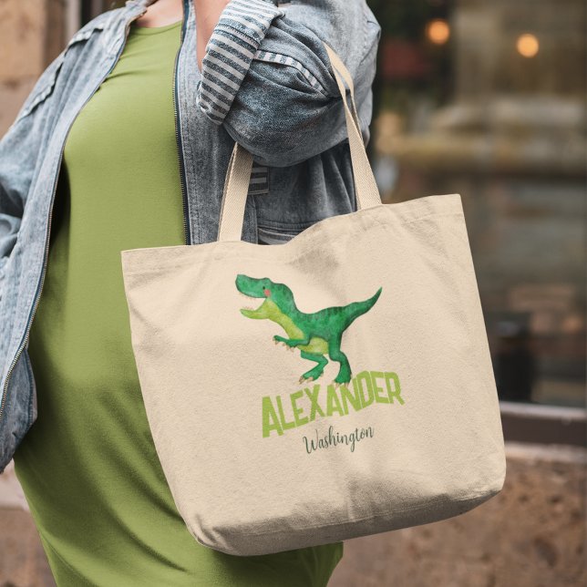 Watercolor Dinosaur with Kids Name Daycare Large Tote Bag (Creator Uploaded)