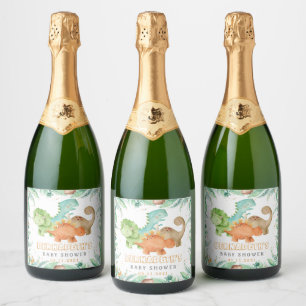 Watercolor Dinosaurs Baby Shower Sparkling Wine Label