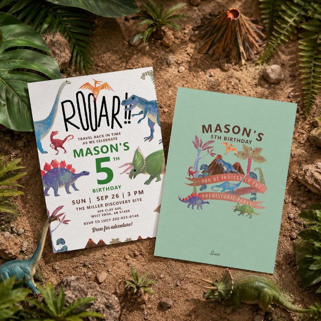 Watercolor Dinosaurs Birthday Invitation (A charming watercolor dinosaur invitation for your little explorer.)