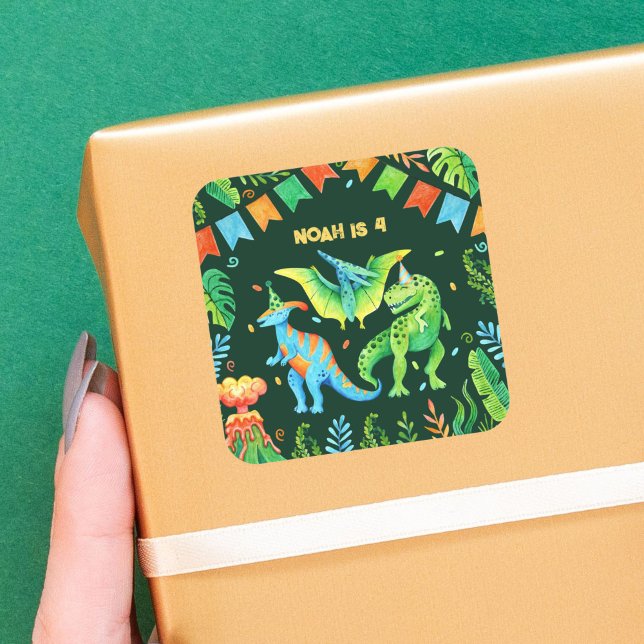 Watercolor Dinosaurs Boys Birthday  Square Sticker (Watercolor Dinosaurs Boys Birthday Square Sticker)