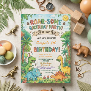 Watercolor Dinosaurs Jungle 8th Birthday Party Invitation