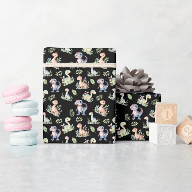 Watercolor Dinosaurs on Black Wrapping Paper (Baby Shower)