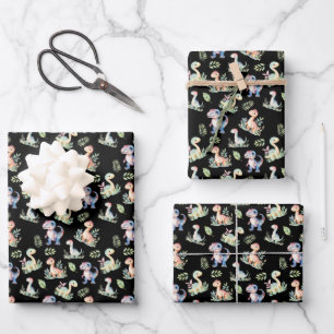 Watercolor Dinosaurs on Black Wrapping Paper Sheet