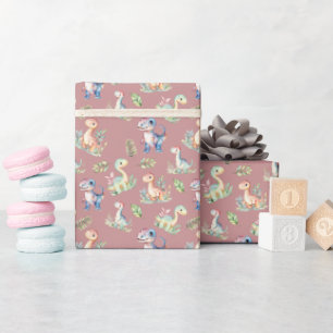 Watercolor Dinosaurs on Dark Rose Pink Wrapping Paper