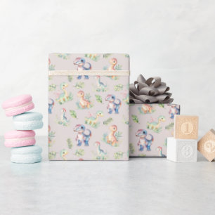 Watercolor Dinosaurs on Grayish Pink Wrapping Paper