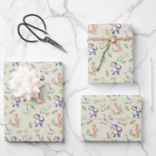 Watercolor Dinosaurs on Grayish Yellow Wrapping Paper Sheet