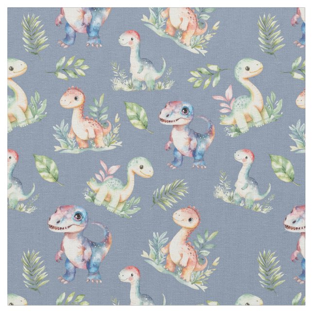 Watercolor Dinosaurs on Grey-Blue Fabric (Close Up)