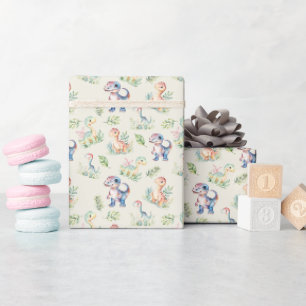 Watercolor Dinosaurs on Light Yellow Wrapping Paper