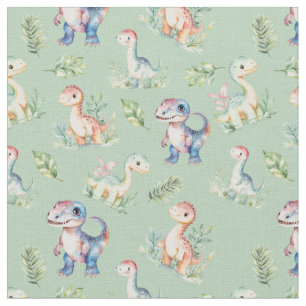 Watercolor Dinosaurs on Sage Green Fabric
