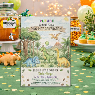 Watercolor Dinosaurs Volcano 5th Birthday Party Invitation