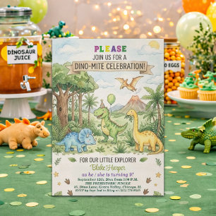 Watercolor Dinosaurs Volcano 9th Birthday Party Invitation