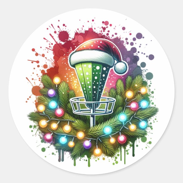Watercolor Disc Golf Themed Christmas Classic Round Sticker (Front)