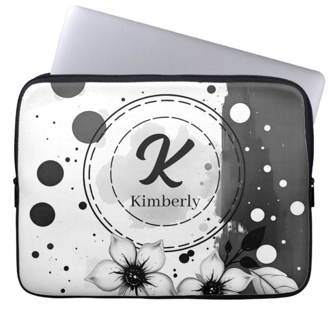 Watercolor Distressed Black and White Flowers Art Laptop Sleeve (Front)