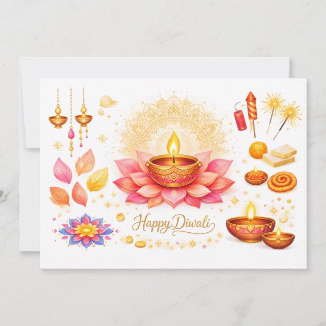 Watercolor Diya & Lotus  card (Front)