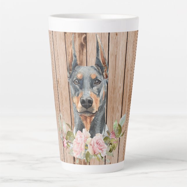 Watercolor Doberman & Flowers Latte Mug (Front)