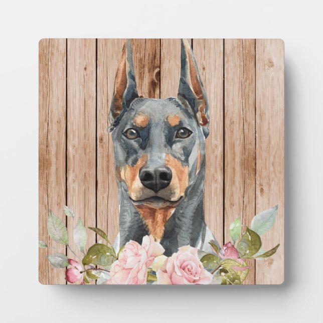 Watercolor Doberman & Flowers  Plaque (Front)