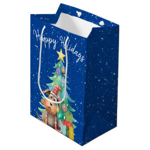 Watercolor Dog and Christmas Tree Medium Gift Bag