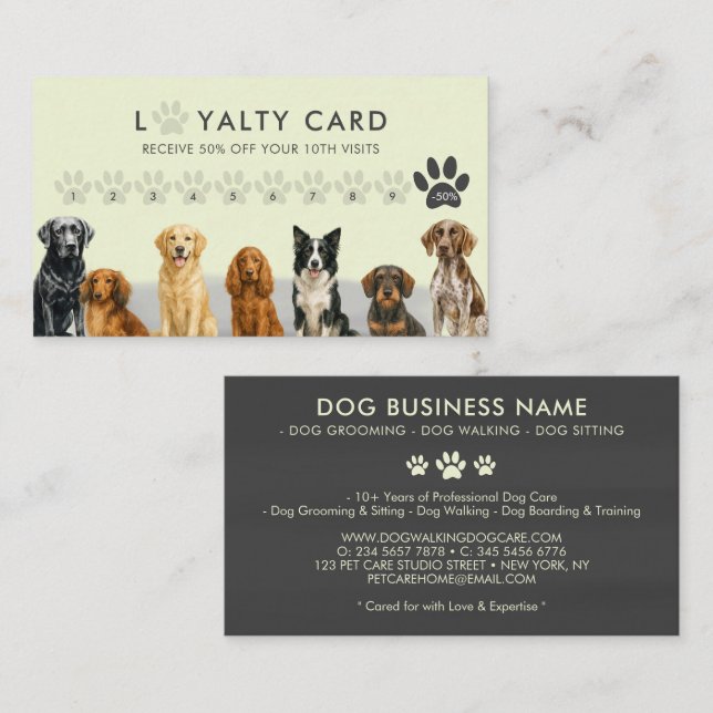 Watercolor Dog Breeds green Grooming Loyalty Business Card (Front/Back)