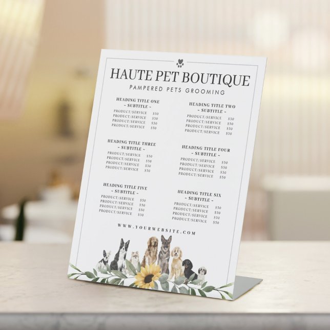 Watercolor Dog Breeds Pet Care Service Prices Pedestal Sign (Creator Uploaded)