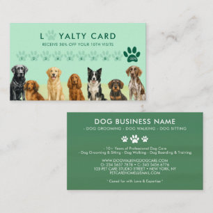 Watercolor Dog Breeds Pet Grooming green Loyalty Business Card