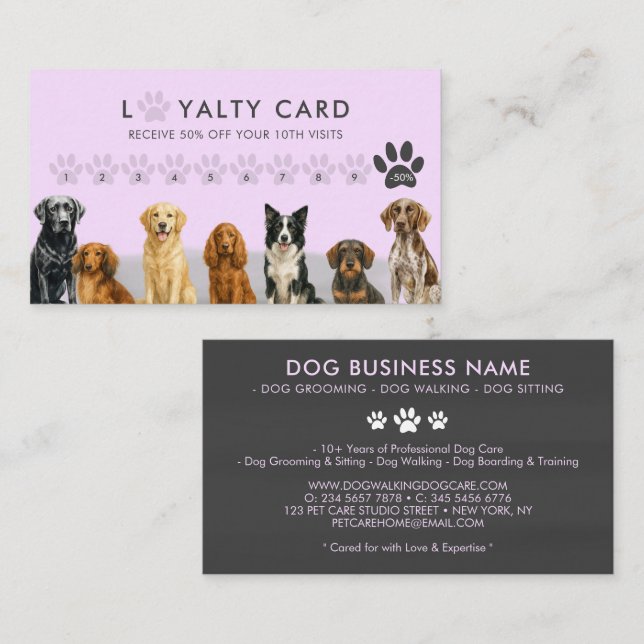 Watercolor Dog Breeds Pet Grooming pink Loyalty Business Card (Front/Back)