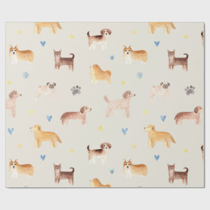 Watercolor Dog Breeds Seamless Pattern Wrapping Paper