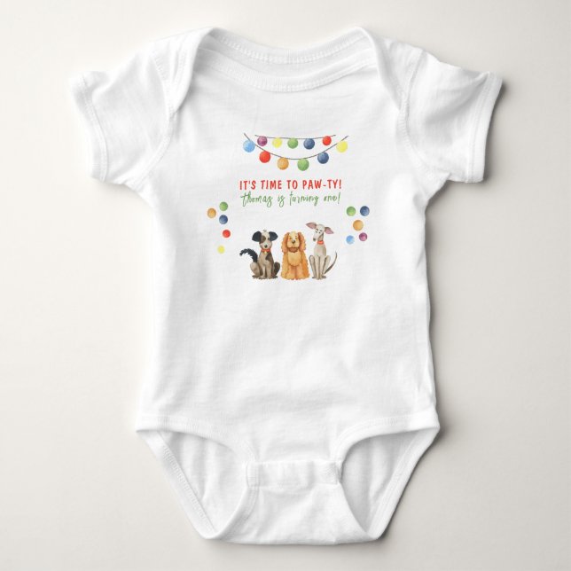Watercolor Dog First Birthday Paw-ty Baby Bodysuit (Front)