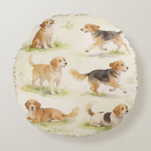 Watercolor Dog Floral Quartet Round Cushion