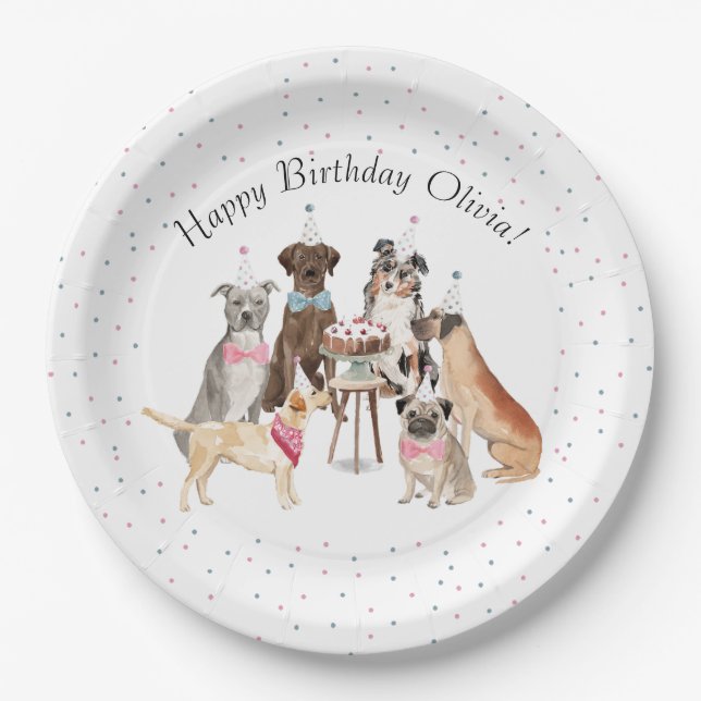 Watercolor Dog Happy Birthday Paper Plate (Front)