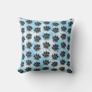 Watercolor Dog Paw Print Black White and Blue  Cushion