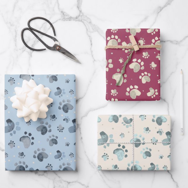 Watercolor Dog Paws Wrapping Paper Set of 3 (Front)