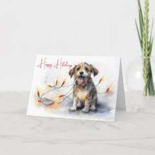 Watercolor Dog Tangled In Holiday Lights Card