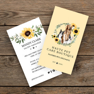Watercolor Dogs Sunflower Floral Wreath Pet Care Business Card