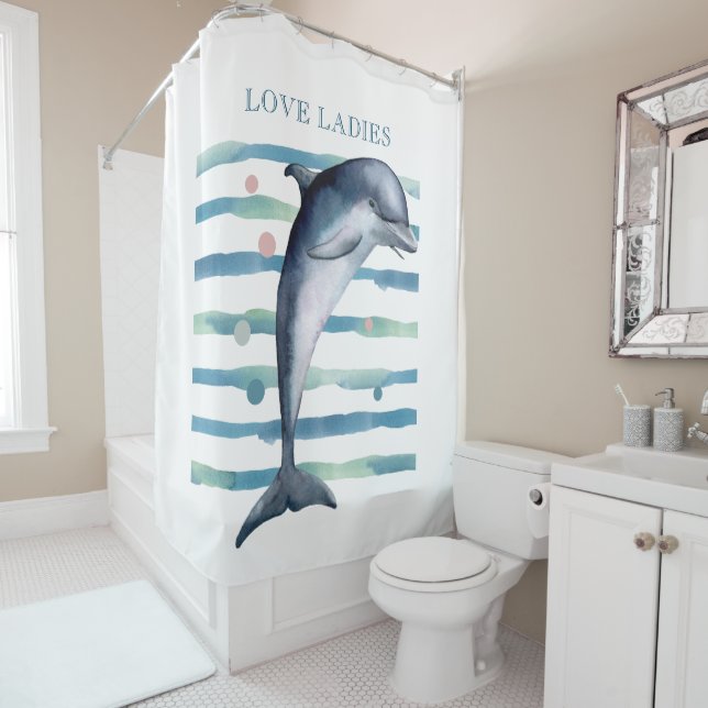 WATERCOLOR DOLPHIN ART BEACH VACATION HOUSE SHOWER CURTAIN (In Situ)