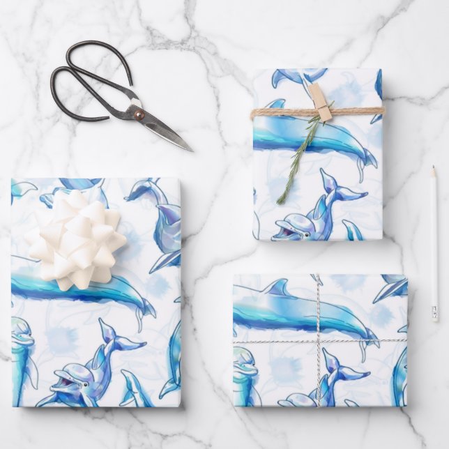 watercolor dolphin fish seamless pattern, dolphin  wrapping paper sheet (Front)