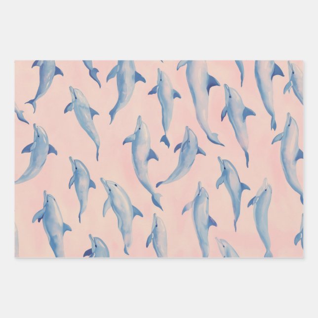 Watercolor Dolphin Pattern Coastal Beach Ocean  Wrapping Paper Sheet (Front)