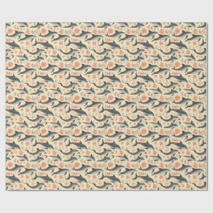 Watercolor Dolphin Pattern Coastal Ocean Coral  Wrapping Paper