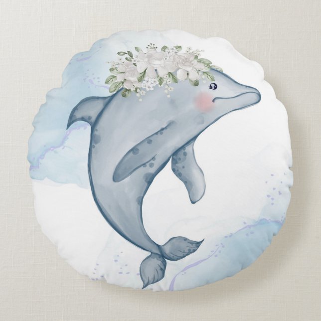 Watercolor Dolphin Round Cushion (Front)