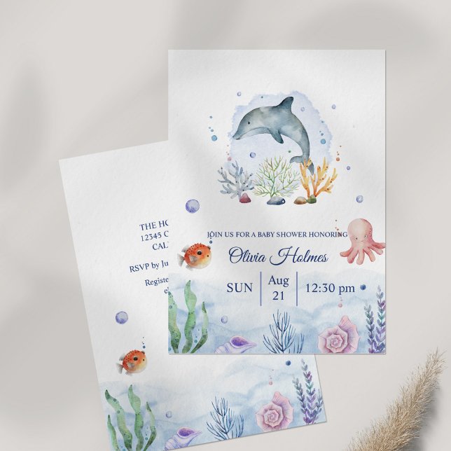 Watercolor Dolphin Sealife Baby Shower Invitation (Watercolor Dolphin Sealife Baby Shower Invitation on table)