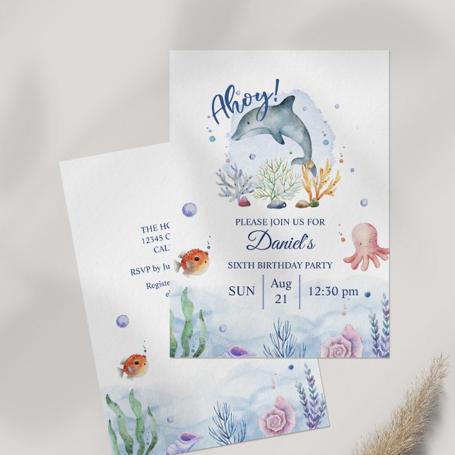 Watercolor Dolphin Sealife Birthday Invitation (Watercolor Dolphin Sealife Birthday Invitation on table.)