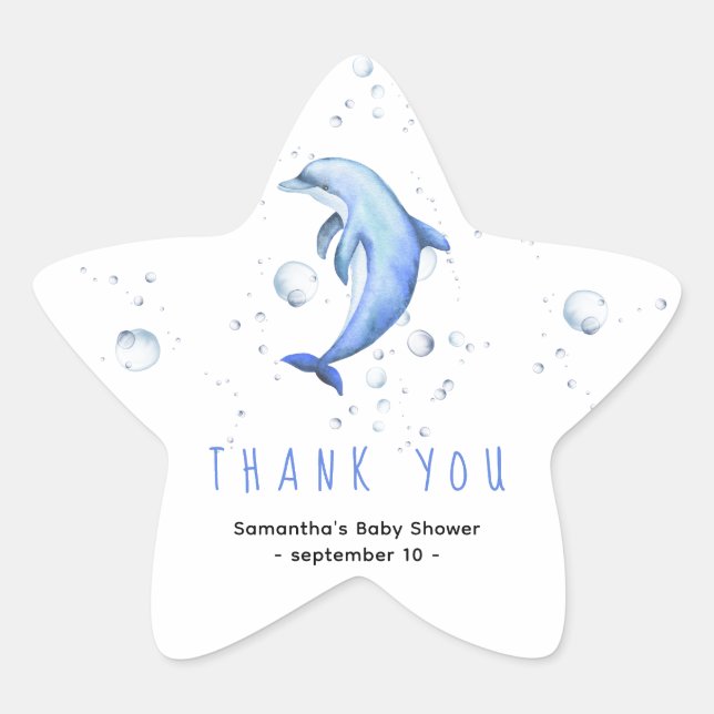 Watercolor dolphin - thank you baby shower star sticker (Front)